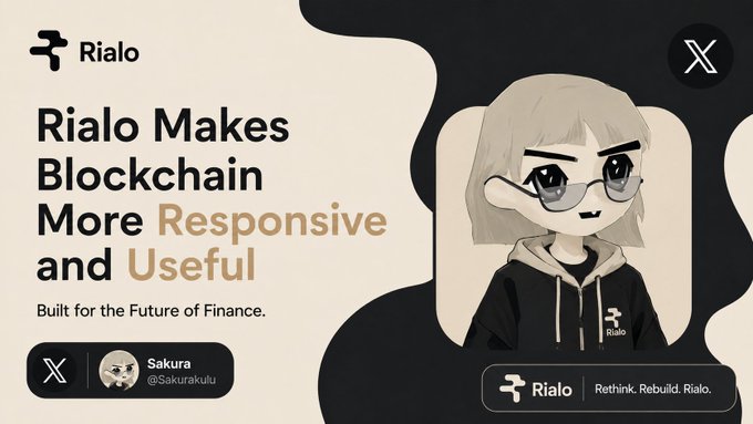 A promotional banner for Rialo reading 'Rialo Makes Blockchain More Responsive and Useful - Built for the Future of Finance,' featuring an anime-style avatar of a character with glasses.