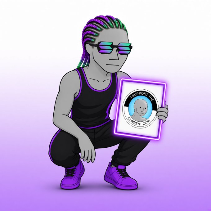 Cartoon-style digital art of a character with green and purple braids wearing 'thug life' sunglasses, crouching and holding a sign that reads 'I SUPPORT THE CURRENT COIN'.