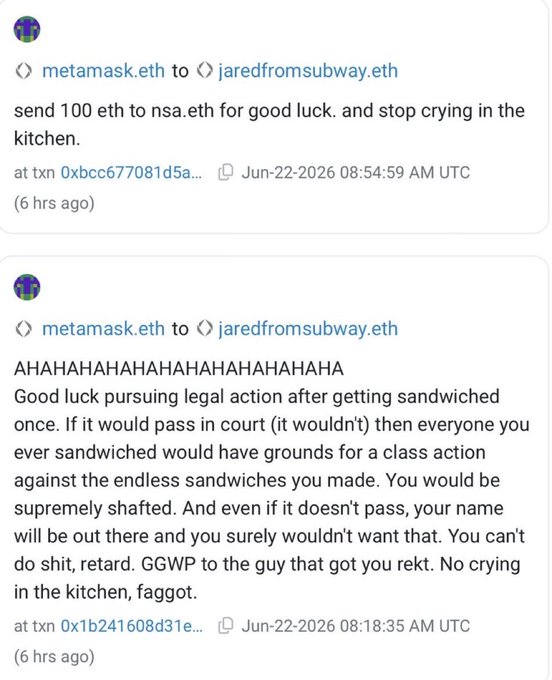 Two on-chain messages from metamask.eth to jaredfromsubway.eth reading "send 100 eth to nsa.eth for good luck. and stop crying in the kitchen." and a taunting response about pursuing legal action over being "sandwiched," illustrating MetaMask publicly trolling the MEV bot operator after he criticized them.