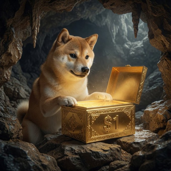 A Shiba Inu dog looks into an open golden chest, adorned with a "$1" emblem, as if discovering treasure. This image visually represents the excitement and anticipation surrounding Dogecoin reaching the one-dollar mark.