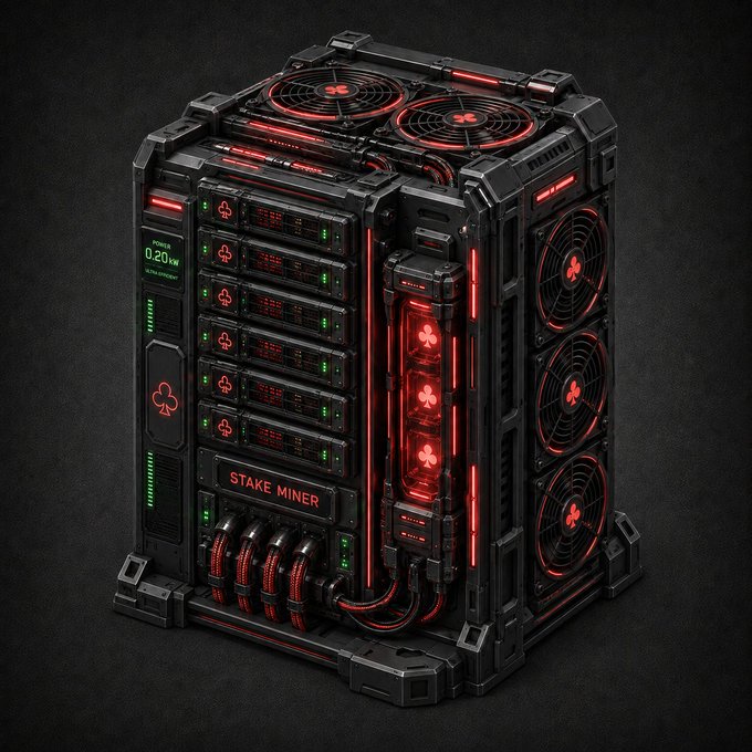 A 3D render of a futuristic black crypto mining rig with glowing red LED accents and fans, labeled 'STAKE MINER' and displaying '0.20 kW' on its digital readout.