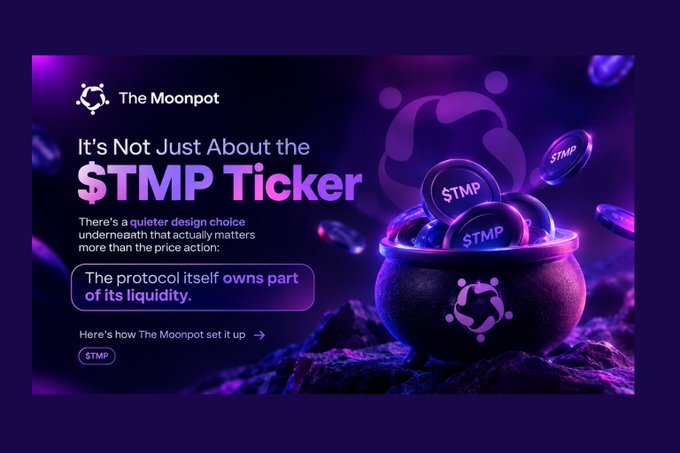 A promotional graphic for The Moonpot cryptocurrency project with the headline 'It's Not Just About the $TMP Ticker,' noting that 'The protocol itself owns part of its liquidity,' alongside an image of a cauldron filled with $TMP coins.