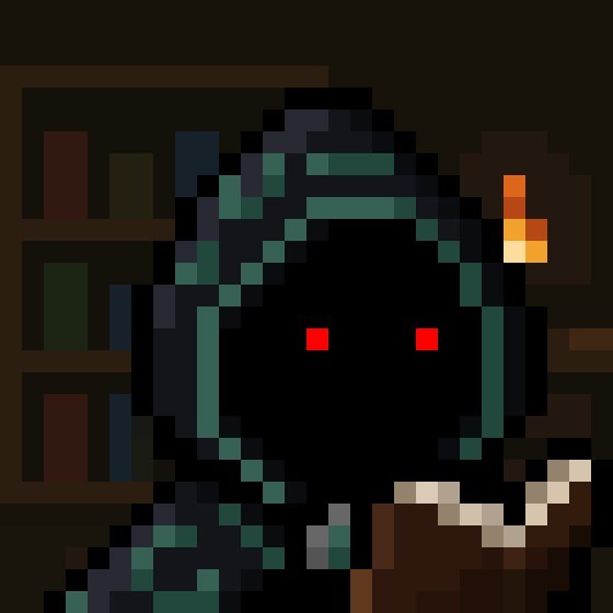 A dark, pixel-art figure with glowing red eyes and a hooded cloak stands in a dimly lit room with bookshelves, smoking a cigarette. The shadowy, ominous character embodies a cryptic, "mysterious stranger" aesthetic that fits the post's call for followers of "Mancer."