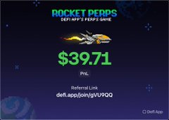 The image features an advertisement for a mobile game called "Rocket Perps" that offers a free trial version of the game, which can be accessed by joining a group or referring a friend who already has the app installed. The text on the screen reads "100x scalping with lowest fees on the market right now. If you know what you do, you can do 10x on a port with just a few minutes." This suggests that the game offers an opportunity for users to make quick money by participating in a short-term speculative trading activity within the game. The image also includes a reference link to the app's official website, which provides more information about the game and its features.