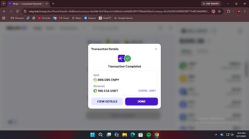 A user celebrates receiving 884,500 CNPY tokens from a Nucleus campaign, with the transaction details popup showing the completed token swap of 884.5K CNPY alongside 985.338 USDC and a $200 sale.