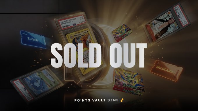 A promotional graphic announcing "SOLD OUT" for "POINTS VAULT SZN3," featuring floating Pokémon trading cards including Charizard, Gengar, Lugia, and Charizard VMAX alongside blue SILVER and orange WILDCARD ticket graphics.