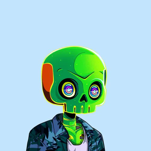 A cartoon-style digital illustration of a green skeleton character with large colorful eyes, wearing a dark jacket over a white shirt against a light blue background.