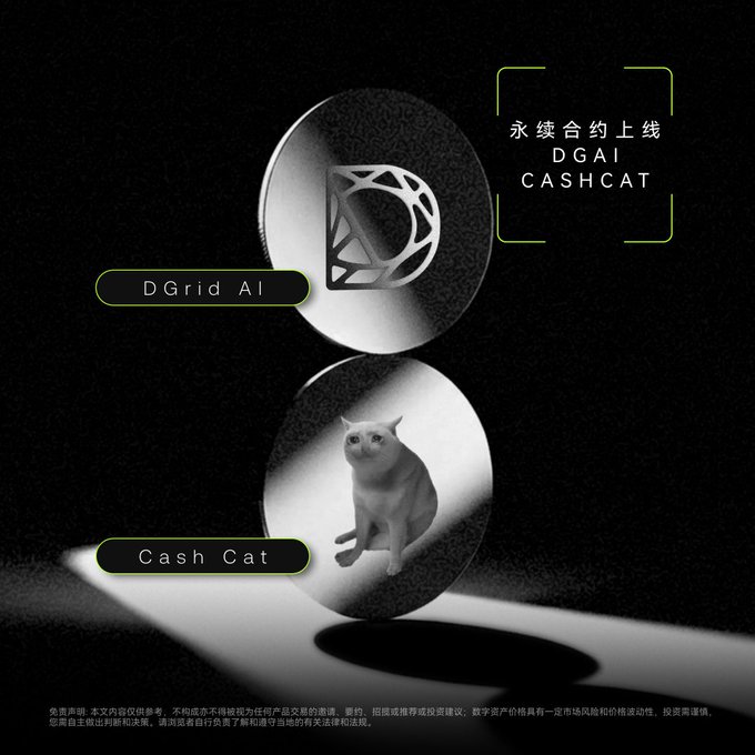 A dark promotional image showcasing two cryptocurrency tokens: "DGrid AI" and "Cash Cat" (with a cat image), advertising perpetual contract listings for "DGAI" and "CASHCAT" with a disclaimer text at the bottom.