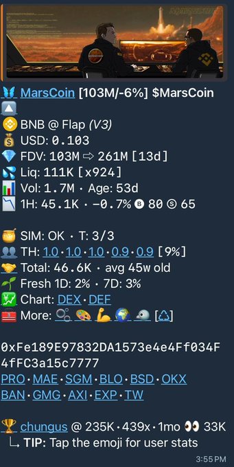 A crypto analytics screen showing MarsCoin ticker with 103M FDV, along with various metrics like liquidity, volume, and social links for 'chungus'.