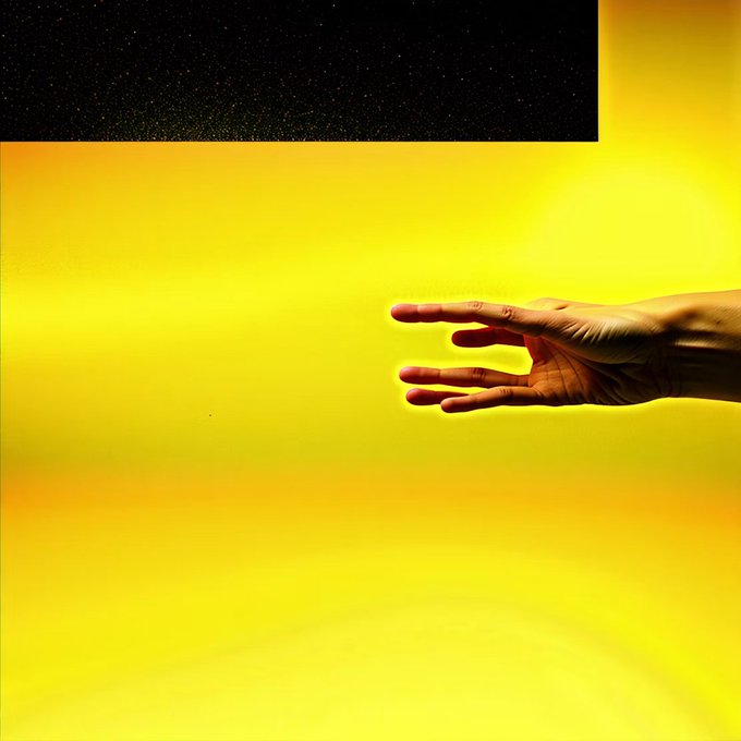 A hand reaches into a vivid yellow void against a dark, star-speckled upper background, evoking the contemplative reach described in the caption for "Hand Splits Yellow" by @bottoproject. The image visually echoes the artwork's meditative exploration of vulnerability, capturing the moment between shadow and light as the hand gestures toward the unknown rather than seizing it.