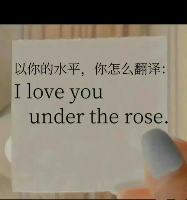 A handwritten note in Chinese and English reads '以你的水平，你怎么翻译： I love you under the rose.' held by a hand with blue nail polish.