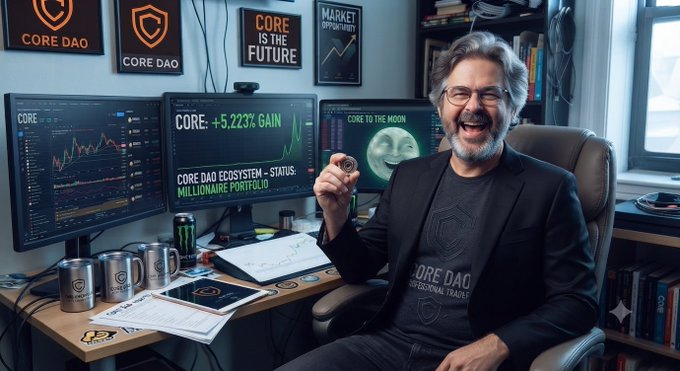The image shows a man wearing a "CORE DAO" shirt celebrating in front of multiple computer monitors displaying "CORE: +5.223% GAIN" charts, a "CORE TO THE MOON" graphic, and a "CORE DAO ECOSYSTEM STATUS: MILLIONAIRE PORTFOLIO" message, with "CORE DAO" and "CORE IS THE FUTURE" signs on the wall.

The image visually reinforces the post's capitalization effect argument by showing someone enthusiastically celebrating Core DAO's gains, illustrating how investing early at a lower price ($0.019) yields significantly more tokens than waiting for the price to rise to $1—making the same $100 investment go much further.