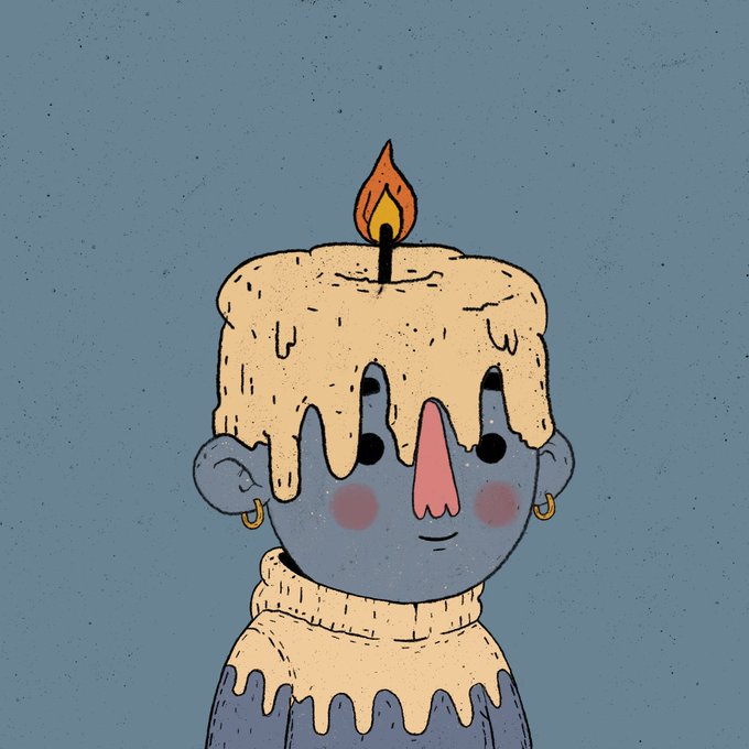 A stylized illustration of a character with blue skin, a pink nose, and gold hoop earrings, whose head is shaped and colored like a melting birthday cake with a single lit candle on top.
