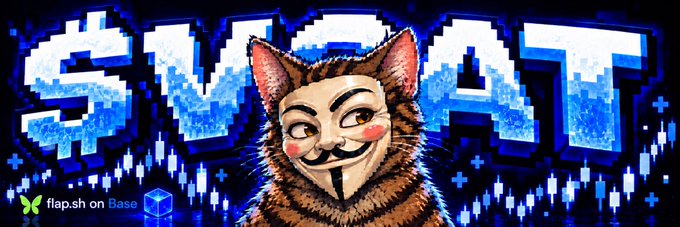 A digital artwork featuring a cat wearing a Guy Fawkes mask with blush cheeks, positioned below stylized blue pixelated text, with 'flap.sh on Base' and a Base logo visible in the bottom left corner.