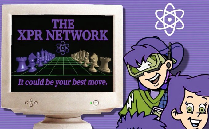 A retro-styled graphic featuring a vintage computer monitor displaying 'THE XPR NETWORK' with chess pieces and the tagline 'It could be your best move,' alongside cartoon characters in purple and green on a purple background.