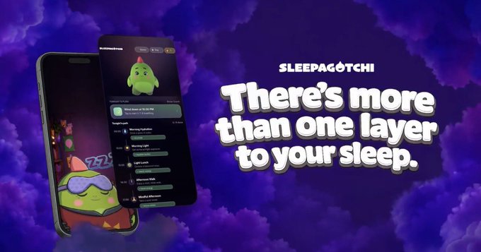 A promotional advertisement for the Sleepagotchi app showing a smartphone displaying a sleep-tracking interface with a green dragon character, alongside the text 'There's more than one layer to your sleep.'