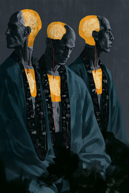 Three bald monks in dark teal robes stand in profile, their heads and chests glowing with bright yellow light revealing stylized brain and heart structures connected by red lines.