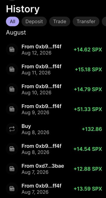 A 'History' transaction log for August showing multiple incoming deposits of SPX tokens from addresses like '0xb9...ff4f' and one 'Buy' transaction for +132.86 dated August 2026.