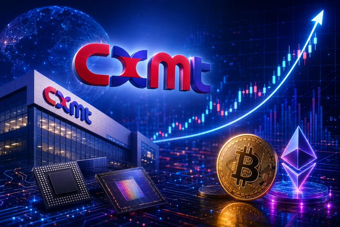 A futuristic digital graphic features the "CXMT" logo prominently against a backdrop of a rising blue stock chart arrow, a glowing Bitcoin, and an Ethereum symbol, visually representing the post's message about CXMT's $8.6B IPO—Asia's biggest this year—and how crypto markets have served as a price discovery venue for foreign investors unable to legally purchase shares.