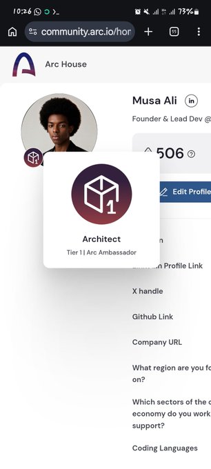 The image shows a cell phone screen with an app called "arc architects" displayed, which has a profile picture of a woman named Musa Ali. The app also features a list of questions for users to answer about African countries.