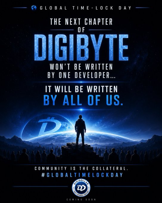 A promotional poster for 'GLOBAL TIME-LOCK DAY' featuring the text 'THE NEXT CHAPTER OF DIGIBYTE WON'T BE WRITTEN BY ONE DEVELOPER... IT WILL BE WRITTEN BY ALL OF US.' and '#GLOBALTIMELOCKDAY' with the Digibyte (DGB) logo.