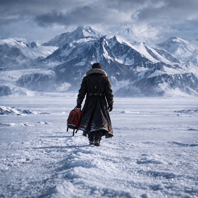 A person in a heavy fur-lined coat walks across a snowy landscape carrying a red bag, with snow-capped mountains in the background under a cloudy sky.