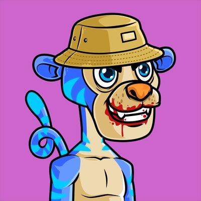 An illustrated blue tiger NFT wearing a bucket hat, with blood around its mouth, has been donated to gemgallery.eth by the founder of @TypicalTigerNFT, a project that has donated over $45,000 to wildlife preservation.