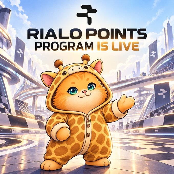 A promotional graphic announcing "RIALO POINTS PROGRAM IS LIVE" featuring an orange cat in a giraffe onesie in a futuristic city setting.