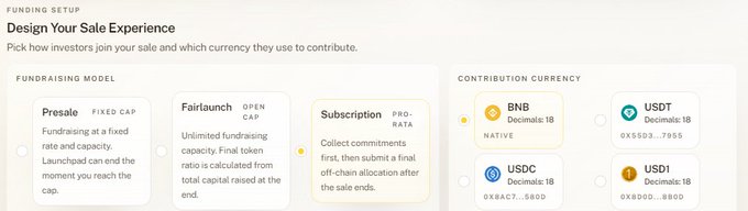 The image shows CheesePad's "Design Your Sale Experience" setup page, where users can select between Presale, Fairlaunch, or Subscription (Pro-rata) fundraising models. The Subscription option is highlighted, and BNB is chosen as the native contribution currency, aligning with the post explaining that users commit BNB toward the sale to determine their final token allocation based on the ratio of their commitment to total commitments.