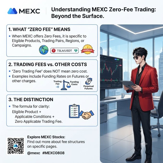 An infographic from MEXC titled 'Understanding MEXC Zero-Fee Trading: Beyond the Surface,' explaining that zero fees apply to specific eligible products and don't include funding rates, with a QR code and handle @mexc #MEXC0808.