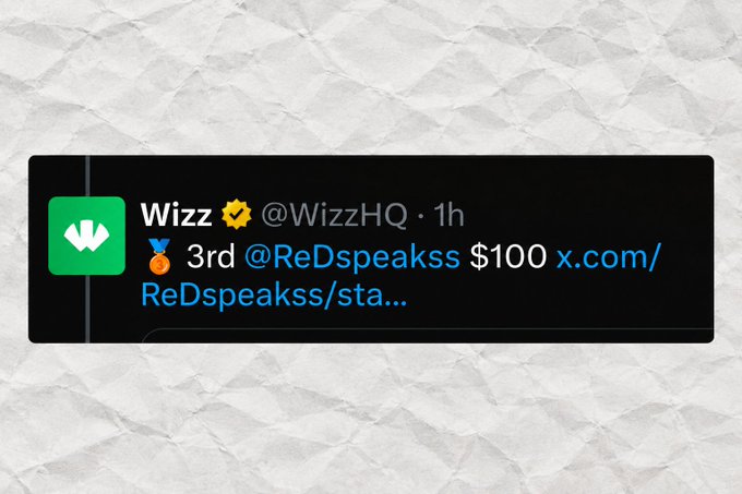 A Twitter/X post from verified account 'Wizz' (@WizzHQ) with a medal emoji, reading '🥇 3rd @ReDspeakss $100' with a link to x.com/ReDspeakss.