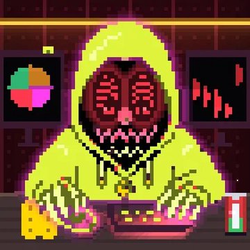 Pixel art of a hooded red-eyed figure in a glowing yellow robe, sitting at a desk with monitors showing a colorful pie chart and red trading chart.