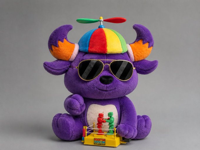 A purple plush toy wearing sunglasses and a colorful propeller hat sits next to a small "ROCKY" themed toy wrestling ring featuring miniature red and green figures.