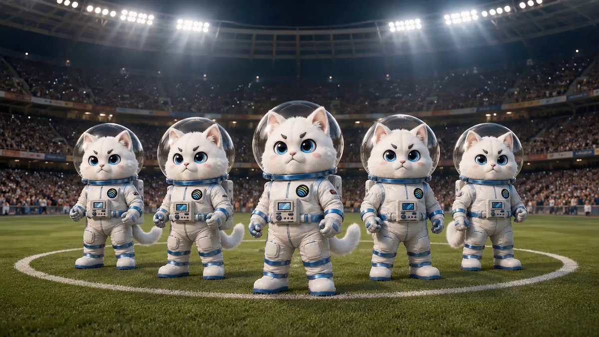The image features a group of five cats dressed up as astronauts, standing together on a field with their arms and legs spread wide. The cats are wearing white outfits that resemble astronaut suits, complete with helmets and boots. They appear to be posing for a photo or participating in an event related to the World Cup Challenge. In the background, there is a crowd of people watching the scene unfold.