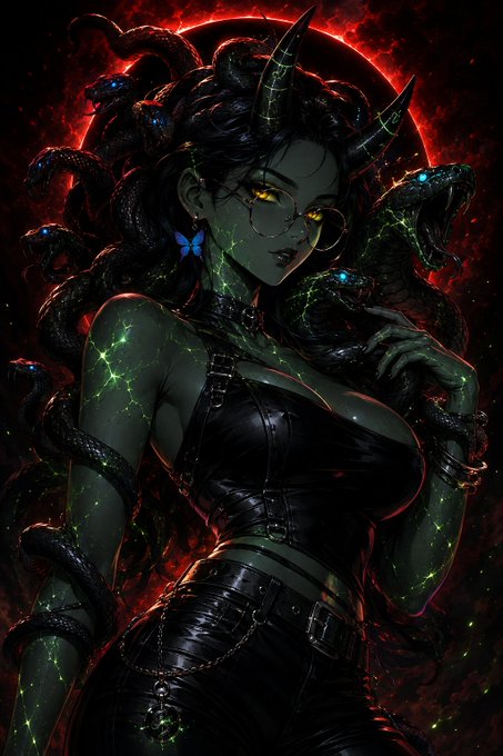 A fantasy digital illustration of a Medusa-like woman with glowing green skin, snake hair, yellow eyes, round glasses, and horns, wearing a black leather outfit against a dark red background.