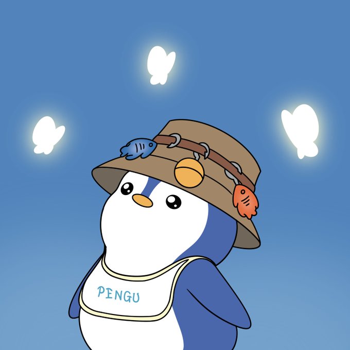 A cute cartoon penguin wearing a bucket hat with fish and a bib reading "PENGU" looks up at glowing butterflies, embodying the post's "little penguin, big dreams" sentiment for the GM crypto community.