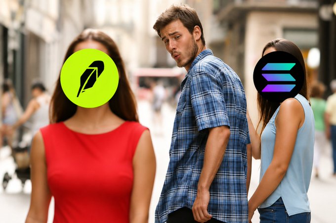 The "Distracted Boyfriend" meme features a man in a plaid shirt turning away from his current partner (labeled with the Solana logo) to ogle another woman (labeled with the logo of a competing blockchain, likely a "Solana killer"). This visual metaphor supports the post's message that despite investors chasing alternative blockchains, Solana continues to deliver bullish developments and remains the dominant choice worth staying loyal to.