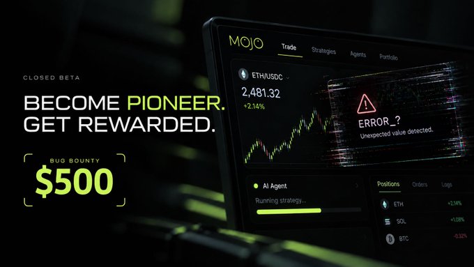 The image is a promotional graphic for Mojo's closed beta program, displaying the tagline "BECOME PIONEER. GET REWARDED." with a $500 bug bounty highlighted on the left, alongside a screenshot of the Mojo trading platform showing an ETH/USDC chart with an "ERROR_ Unexpected value detected" alert and an AI Agent panel running a strategy—visually tying to the post's call for pioneers to test the platform and report bugs or feedback.