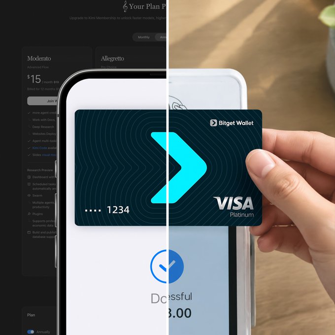 A promotional split-image shows a Bitget Wallet Visa Platinum card being held over a smartphone displaying a successful transaction, with a 'Your Plan P' subscription page partially visible in the background.