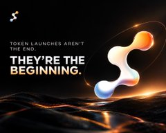 A graphic with the text "TOKEN LAUNCHES AREN'T THE END. THEY'RE THE BEGINNING," displayed alongside a colorful, fluid 3D logo on a dark background.