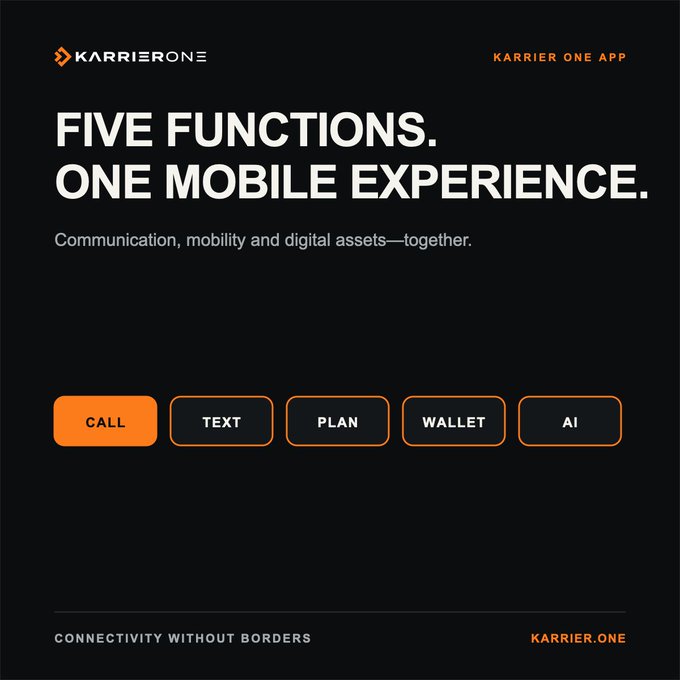 A sleek black promotional graphic for the Karrier One app, featuring bold white text reading "FIVE FUNCTIONS. ONE MOBILE EXPERIENCE." with the tagline "Communication, mobility and digital assets—together." Below are five orange-bordered buttons labeled CALL, TEXT, PLAN, WALLET, and AI, visually matching the post's description of the app's all-in-one capabilities and directing viewers to karrier.one.