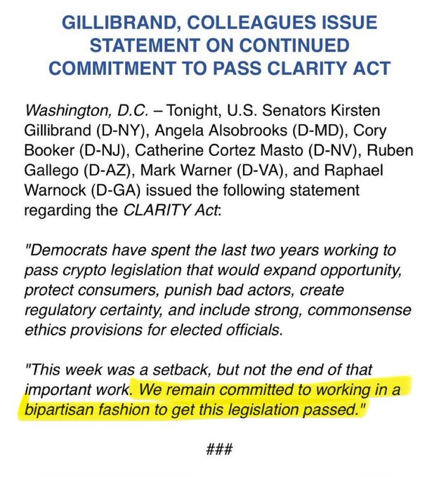 A press release titled 'GILLIBRAND, COLLEAGUES ISSUE STATEMENT ON CONTINUED COMMITMENT TO PASS CLARITY ACT' features a highlighted sentence affirming a bipartisan commitment to passing the legislation.