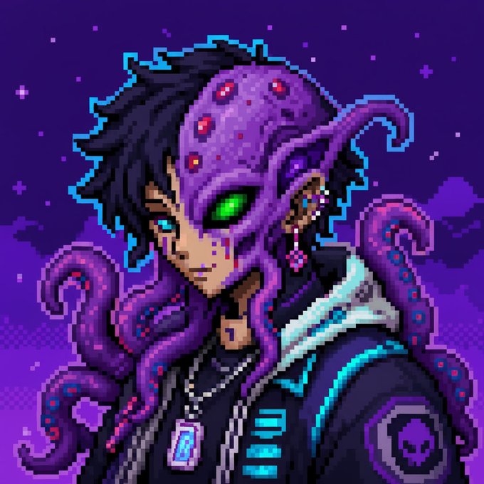 A pixel art portrait of a character with a purple octopus-like creature covering their face, featuring a single glowing green eye and tentacles emerging from their head against a starry purple background.