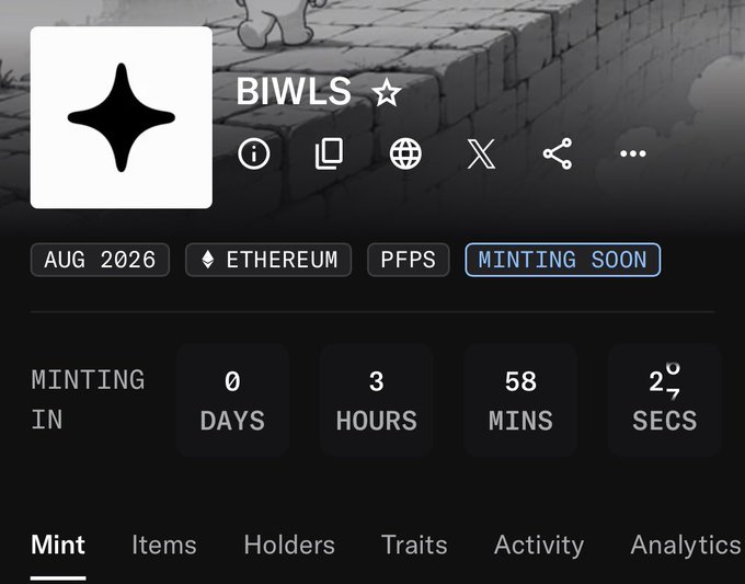 A countdown timer shows BIWLS NFT minting begins in 0 days, 3 hours, 58 minutes, and 27 seconds on the Ethereum blockchain, with the "Minting Soon" status indicating its upcoming August 2026 release.