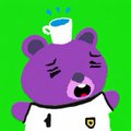 A cartoon illustration of a purple bear-like character wearing a small white hat and a white t-shirt on a green background.