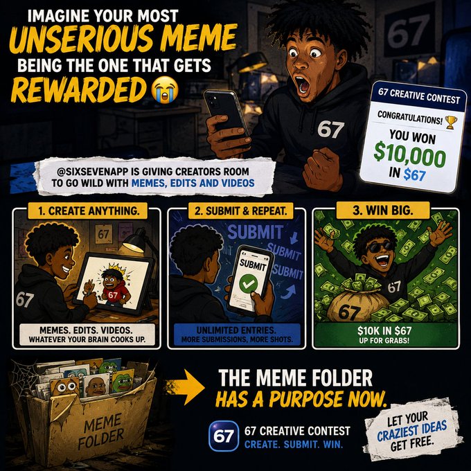 A promotional poster for the '67 Creative Contest' by @sixsevenapp, advertising a $10,000 prize pool in $67, with three steps: Create Anything, Submit & Repeat, Win Big, illustrated in a cartoon style.