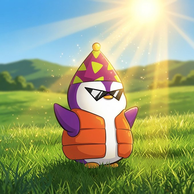 A cartoon penguin wearing sunglasses, a purple party hat, and an orange puffy vest, standing in a sunny grassy field with sparkle effects.