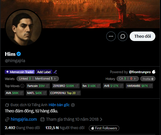 The image displays a Twitter/X profile for "Him" (@himgajria), a verified Memecoin Trader with 2,492 followers and 132.5K following, showing top wallet holdings including $Fartcoin $5M, $ZEREBRO $388K, $zrx $148K, AVB $127K, HARAMBE $87K, and $AVA $69K. The post references @himgajria as a successful memecoin trader whose style the author is choosing to follow, highlighting their notable wallet performance and influence in the crypto trading space.