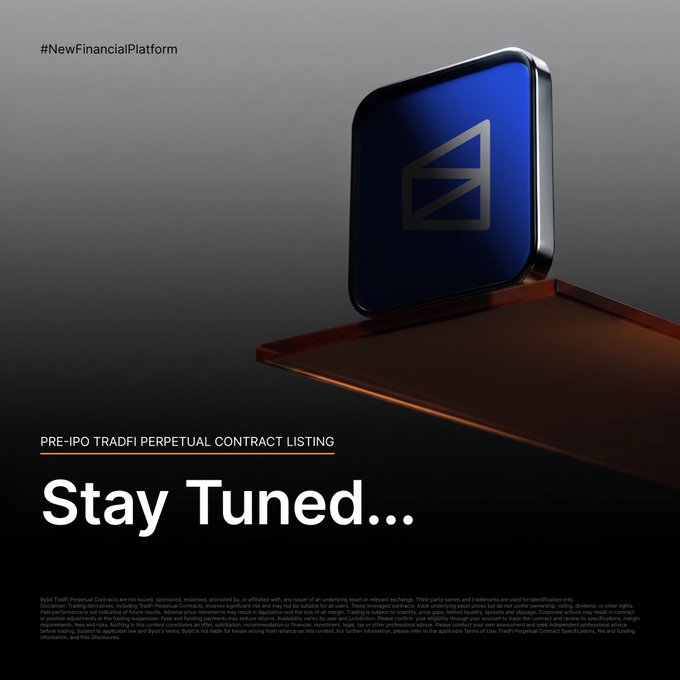 A sleek 3D rendered dark blue square logo with a stylized "B" symbol sits on an orange-tinted platform against a dark background, accompanied by the text "PRE-IPO TRADFI PERPETUAL CONTRACT LISTING" and "Stay Tuned..." along with the hashtag "#NewFinancialPlatform." The image ties directly to the post by teasing the upcoming listing of a Pre-IPO TradFi Perpetual contract on the Bybit platform.