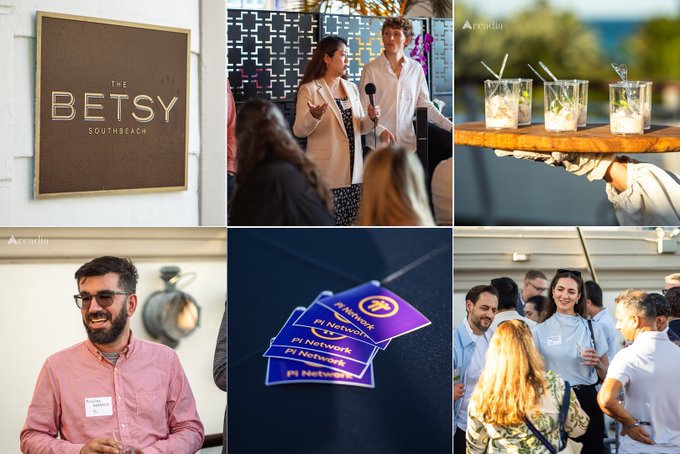 A collage of six images from a Pi Network event at The Betsy Southbeach in Miami, showing branded "Pi Network" stickers, networking attendees, drinks on a tray, and presenters speaking to the crowd—capturing the project's transition from mobile mining community to professional Web3 ecosystem development.